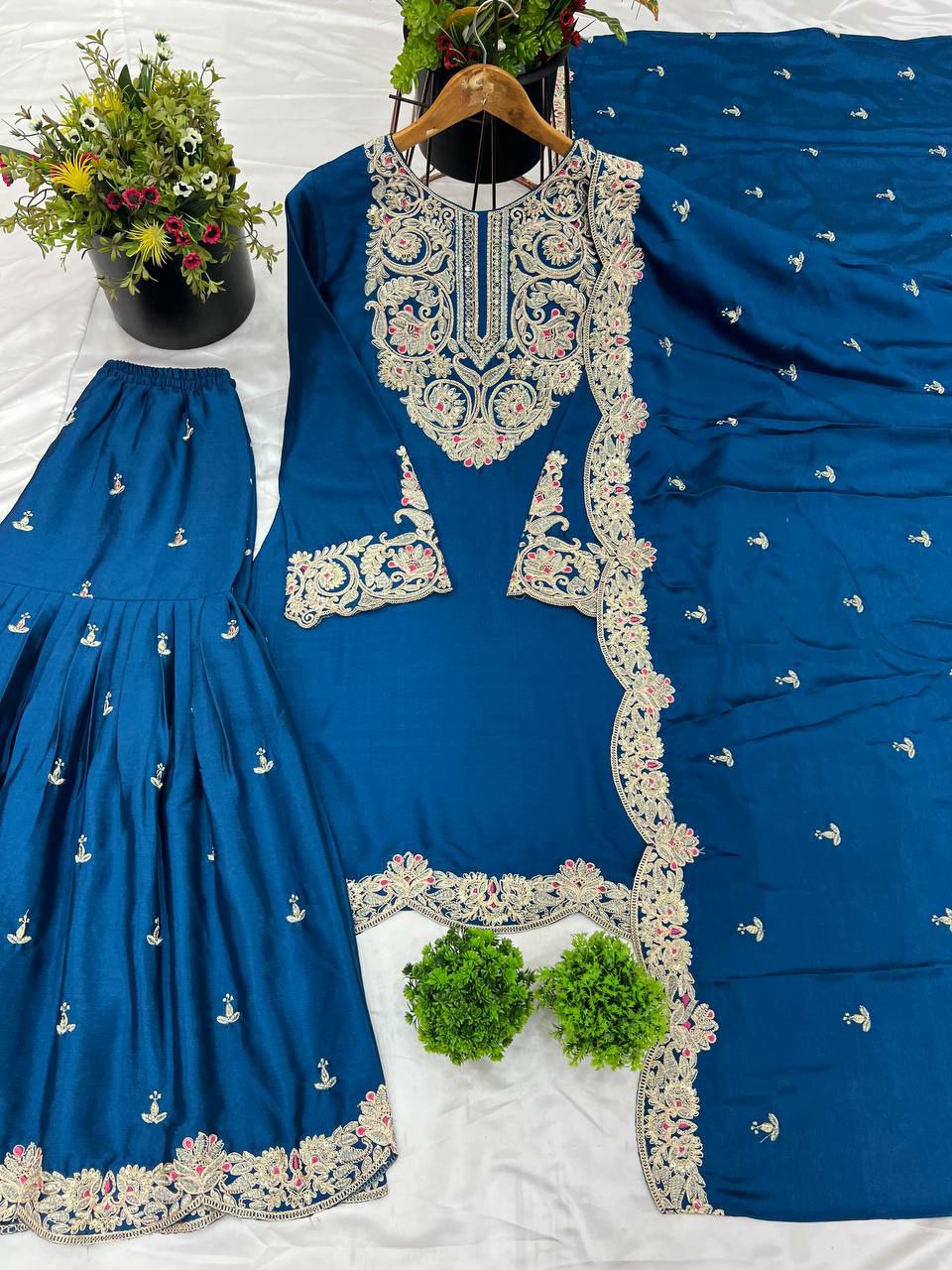 Prazu Fashion Royal Blue Chinon Silk Embroidered Plazzo Suit