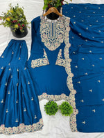 Thumbnail for Prazu Fashion Royal Blue Chinon Silk Embroidered Plazzo Suit