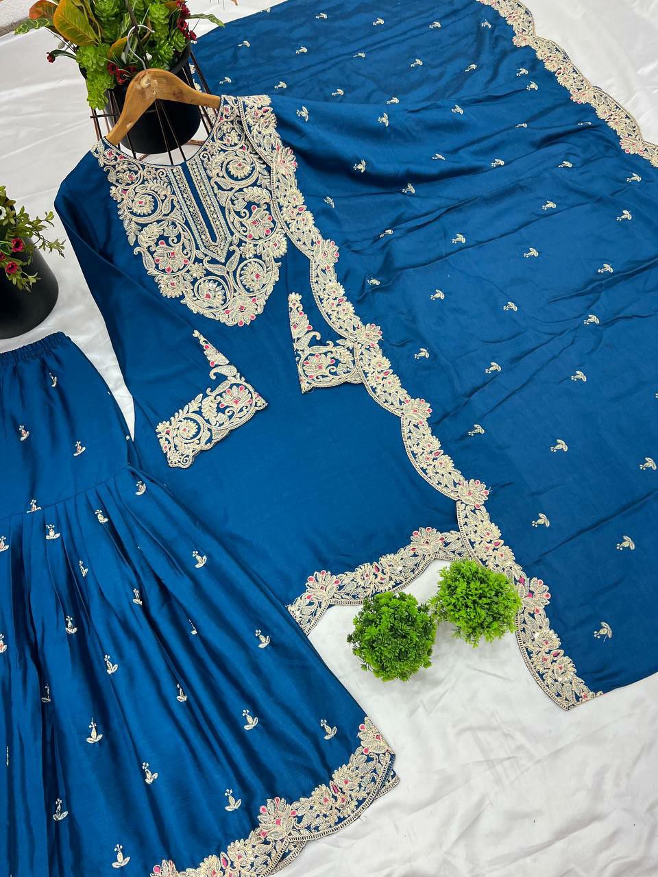 Prazu Fashion Royal Blue Chinon Silk Embroidered Plazzo Suit