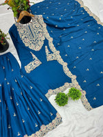 Thumbnail for Prazu Fashion Royal Blue Chinon Silk Embroidered Plazzo Suit