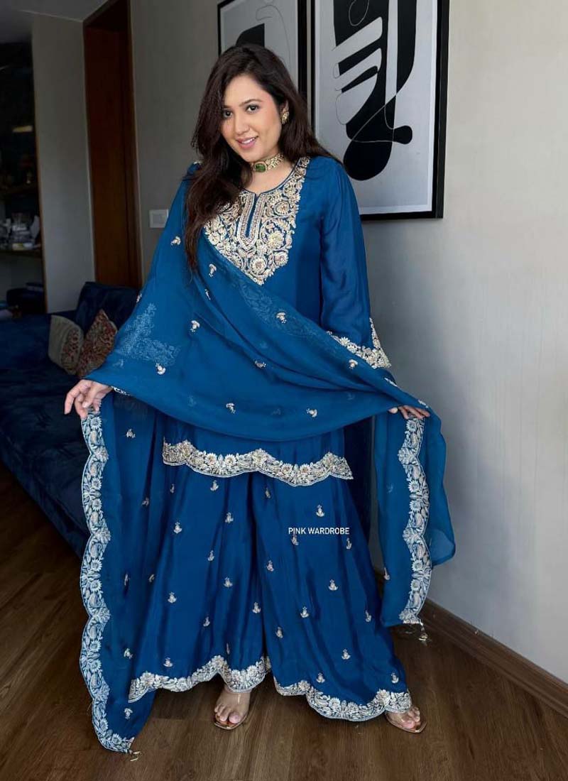 Prazu Fashion Royal Blue Chinon Silk Embroidered Plazzo Suit