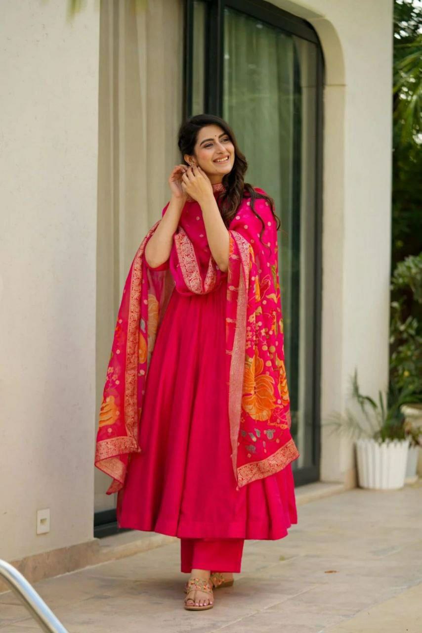 Prazu Fashion Designer Red Chinon Silk Anarkali Suit - Distacart