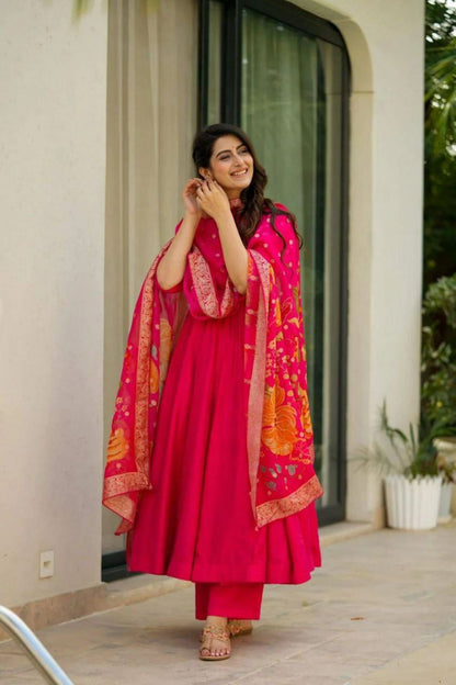 Prazu Fashion Designer Red Chinon Silk Anarkali Suit - Distacart