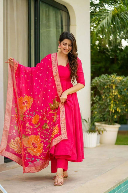 Prazu Fashion Designer Red Chinon Silk Anarkali Suit - Distacart