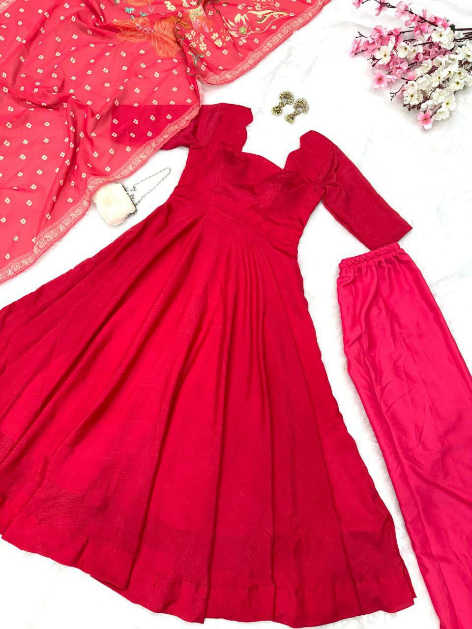 Prazu Fashion Designer Red Chinon Silk Anarkali Suit - Distacart