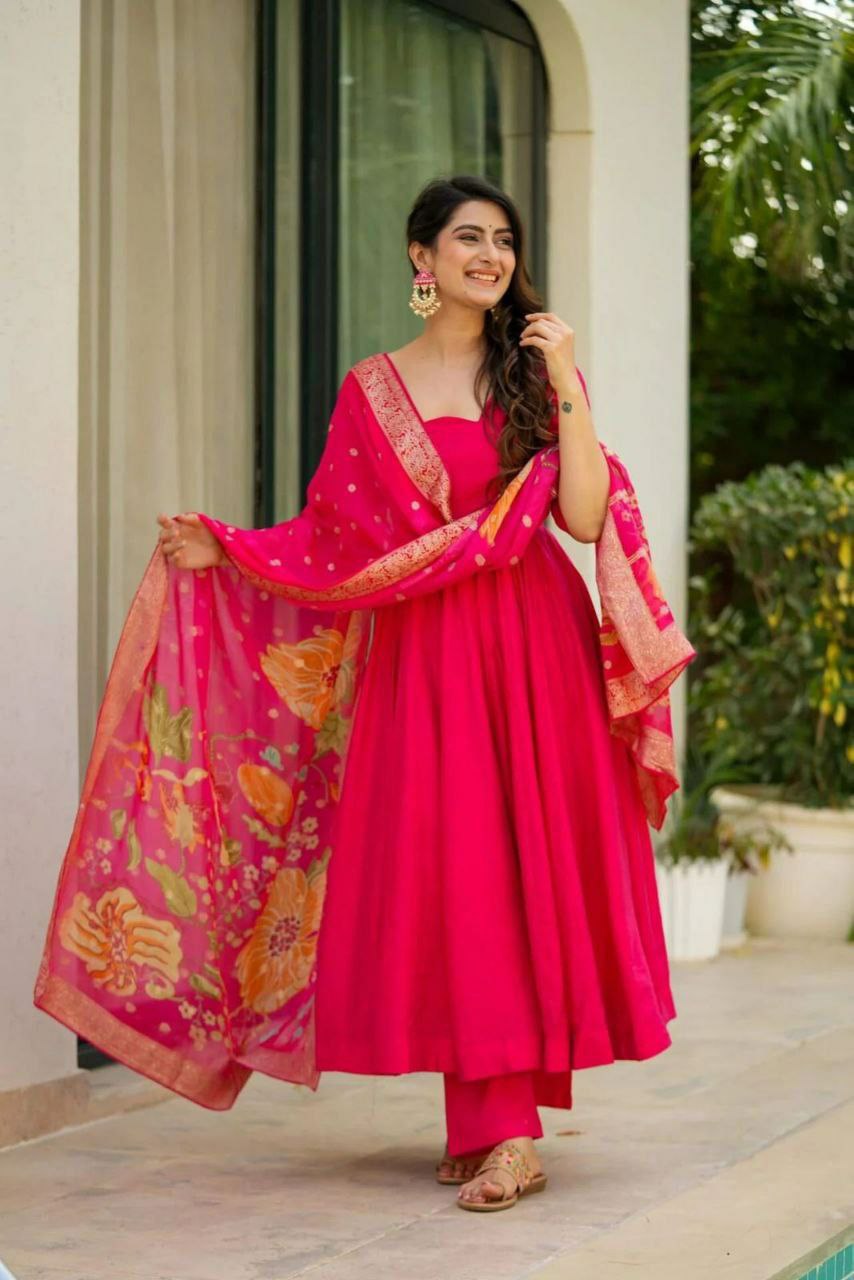 Prazu Fashion Designer Red Chinon Silk Anarkali Suit - Distacart