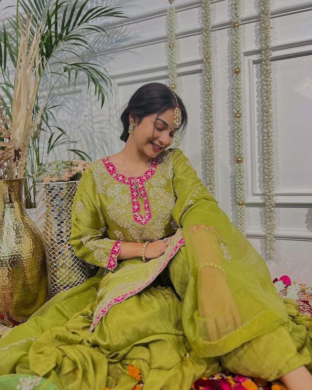 Prazu Fashion Lime Green Chinon Silk Embroidered Sharara Suit