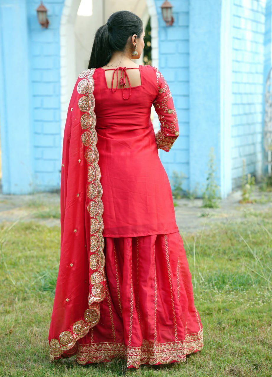 Prazu Fashion Red Rangoli Silk Embroidered Lehenga Style Suit