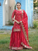 Thumbnail for Prazu Fashion Red Rangoli Silk Embroidered Lehenga Style Suit