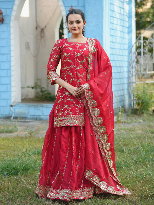 Prazu Fashion Red Rangoli Silk Embroidered Lehenga Style Suit