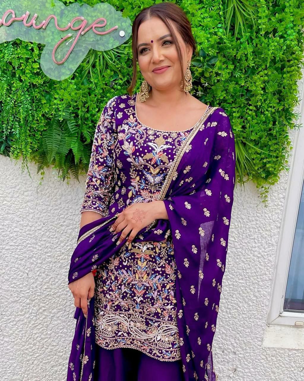 Prazu Fashion Purple Georgette Embroidered Plazzo Suit