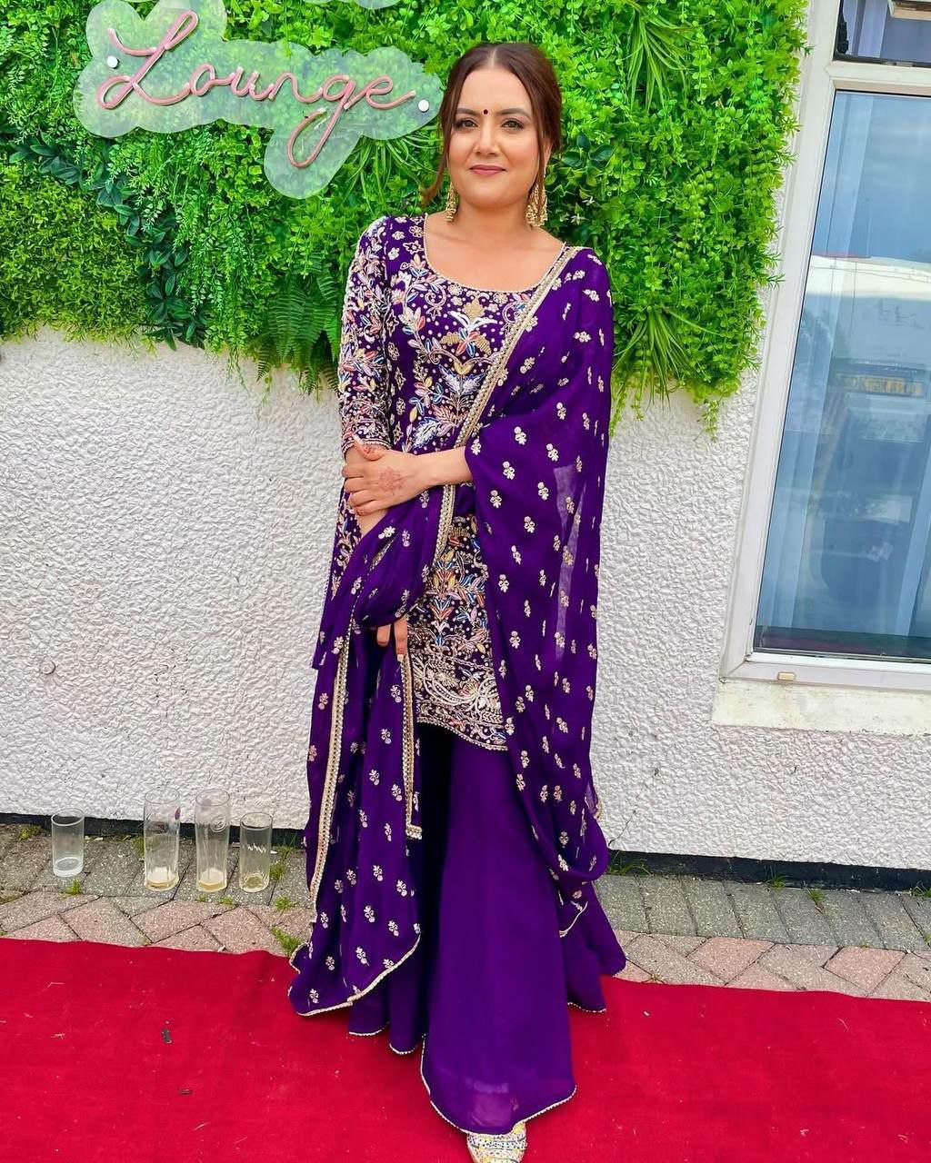 Prazu Fashion Purple Georgette Embroidered Plazzo Suit