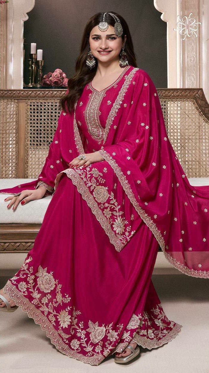 Prazu Fashion Pink Chinon Silk Embroidered Palazzo Suit