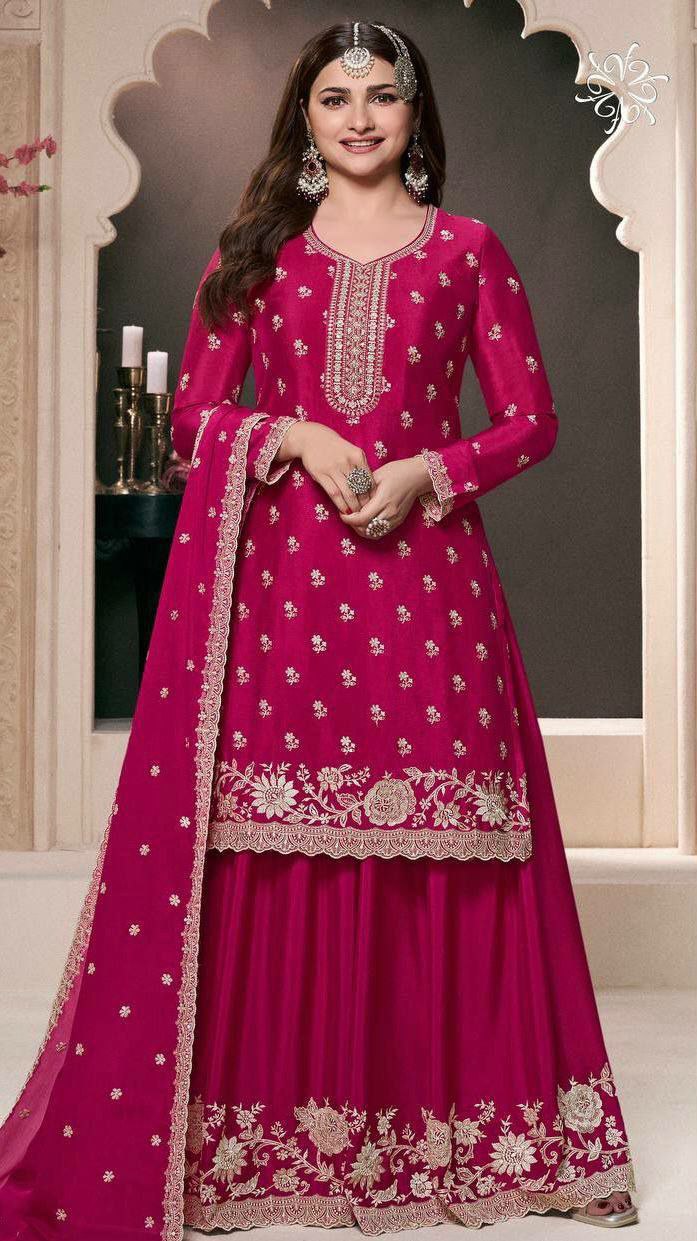 Prazu Fashion Pink Chinon Silk Embroidered Palazzo Suit