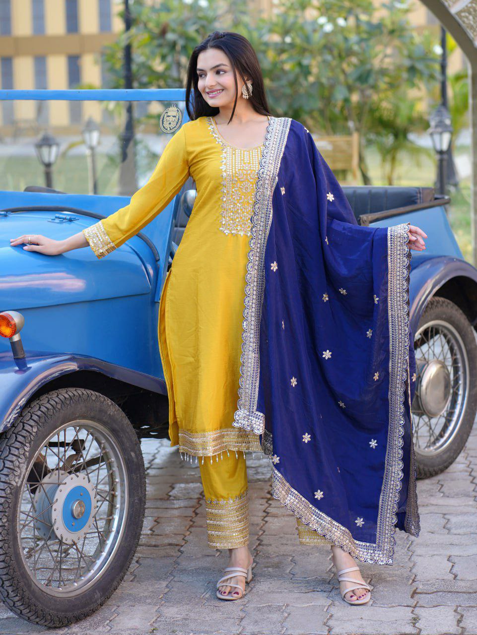 Prazu Fashion Yellow Chinon Silk Embroidered Salwar Suit