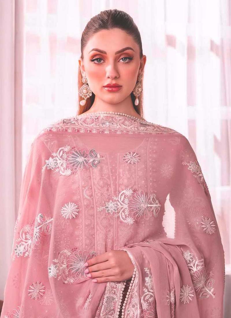 Prazu Fashion Baby Pink Georgette Embroidered Palazzo Suit