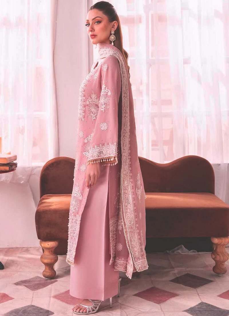 Prazu Fashion Baby Pink Georgette Embroidered Palazzo Suit