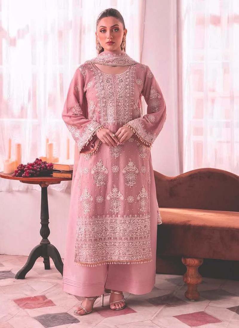 Prazu Fashion Baby Pink Georgette Embroidered Palazzo Suit