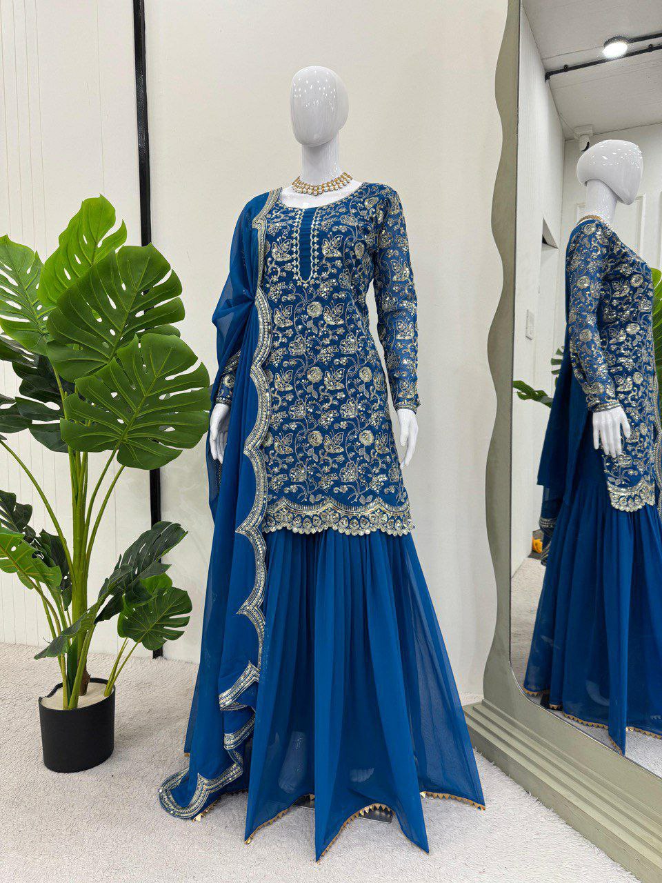 Prazu Fashion Blue Georgette Embroidered Sharara Suit
