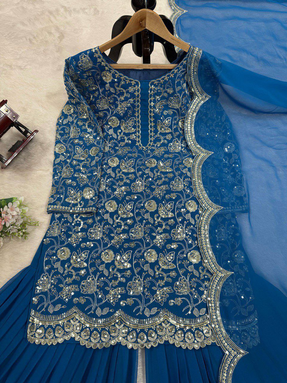 Prazu Fashion Blue Georgette Embroidered Sharara Suit
