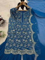 Thumbnail for Prazu Fashion Blue Georgette Embroidered Sharara Suit