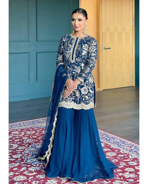Prazu Fashion Blue Georgette Embroidered Sharara Suit