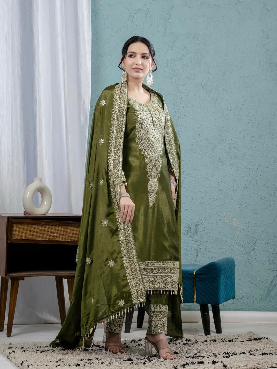 Prazu Fashion Mahendi Chinon Silk Embroidered Salwar Suit