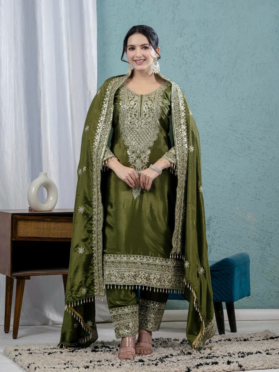 Prazu Fashion Mahendi Chinon Silk Embroidered Salwar Suit - Distacart