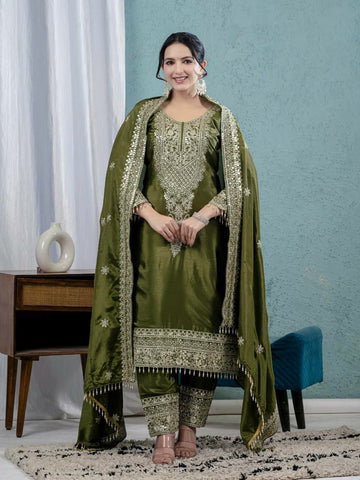 Prazu Fashion Mahendi Chinon Silk Embroidered Salwar Suit - Distacart