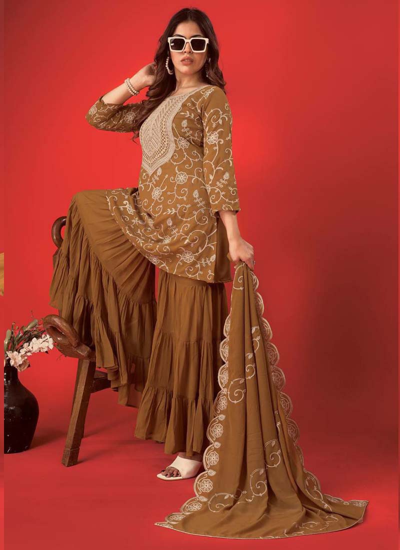Prazu Fashion Beige Georgette Embroidered Sharara Suit