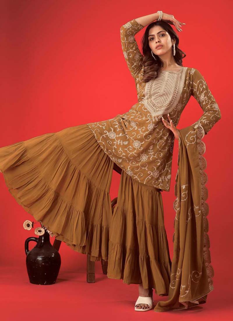 Prazu Fashion Beige Georgette Embroidered Sharara Suit - Distacart