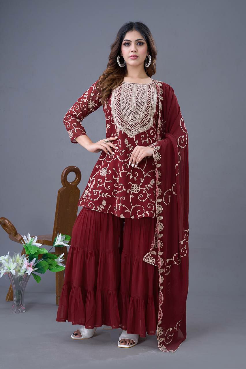Prazu Fashion Maroon Georgette Embroidered Sharara Suit