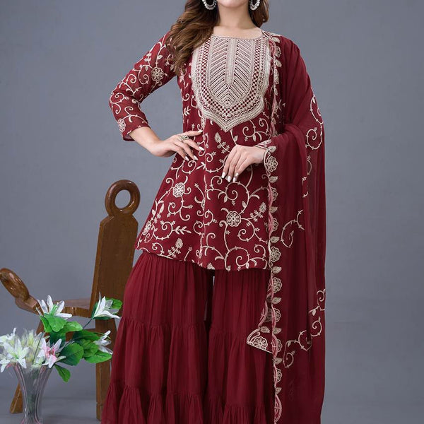 Prazu Fashion Maroon Georgette Embroidered Sharara Suit