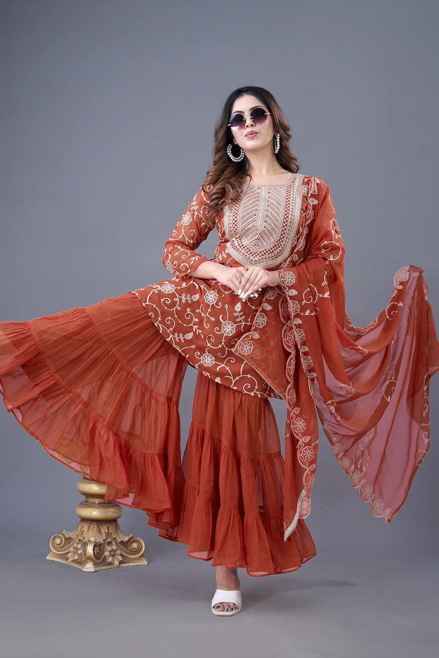 Prazu Fashion Orange Georgette Embroidered Sharara Suit