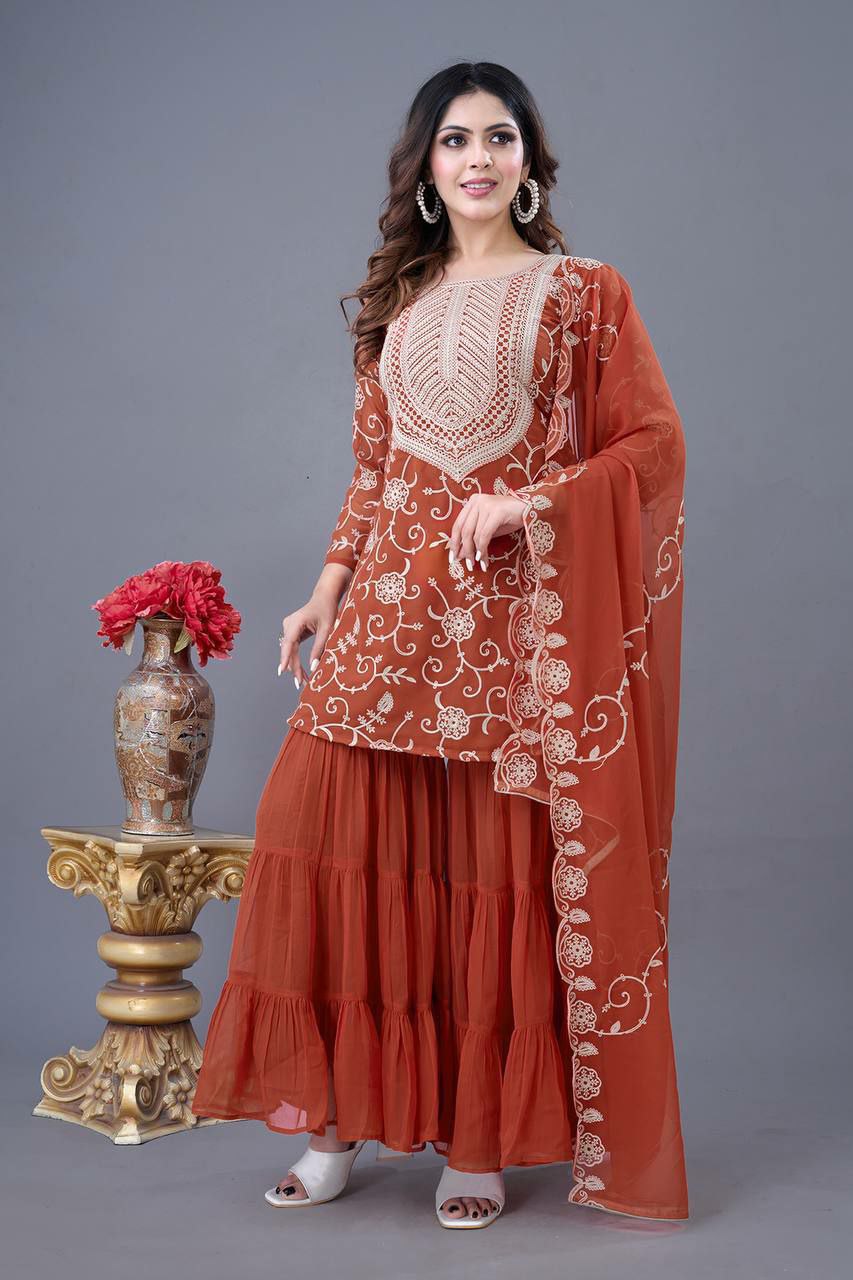 Prazu Fashion Orange Georgette Embroidered Sharara Suit