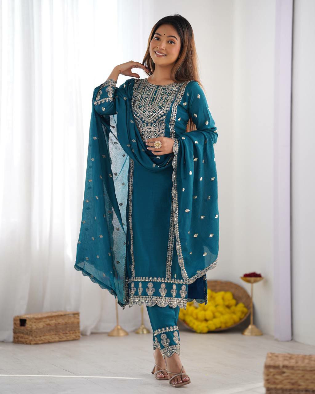 Prazu Fashion Turquoise Chinon Silk Embroidered Salwar Suit