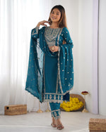 Thumbnail for Prazu Fashion Turquoise Chinon Silk Embroidered Salwar Suit