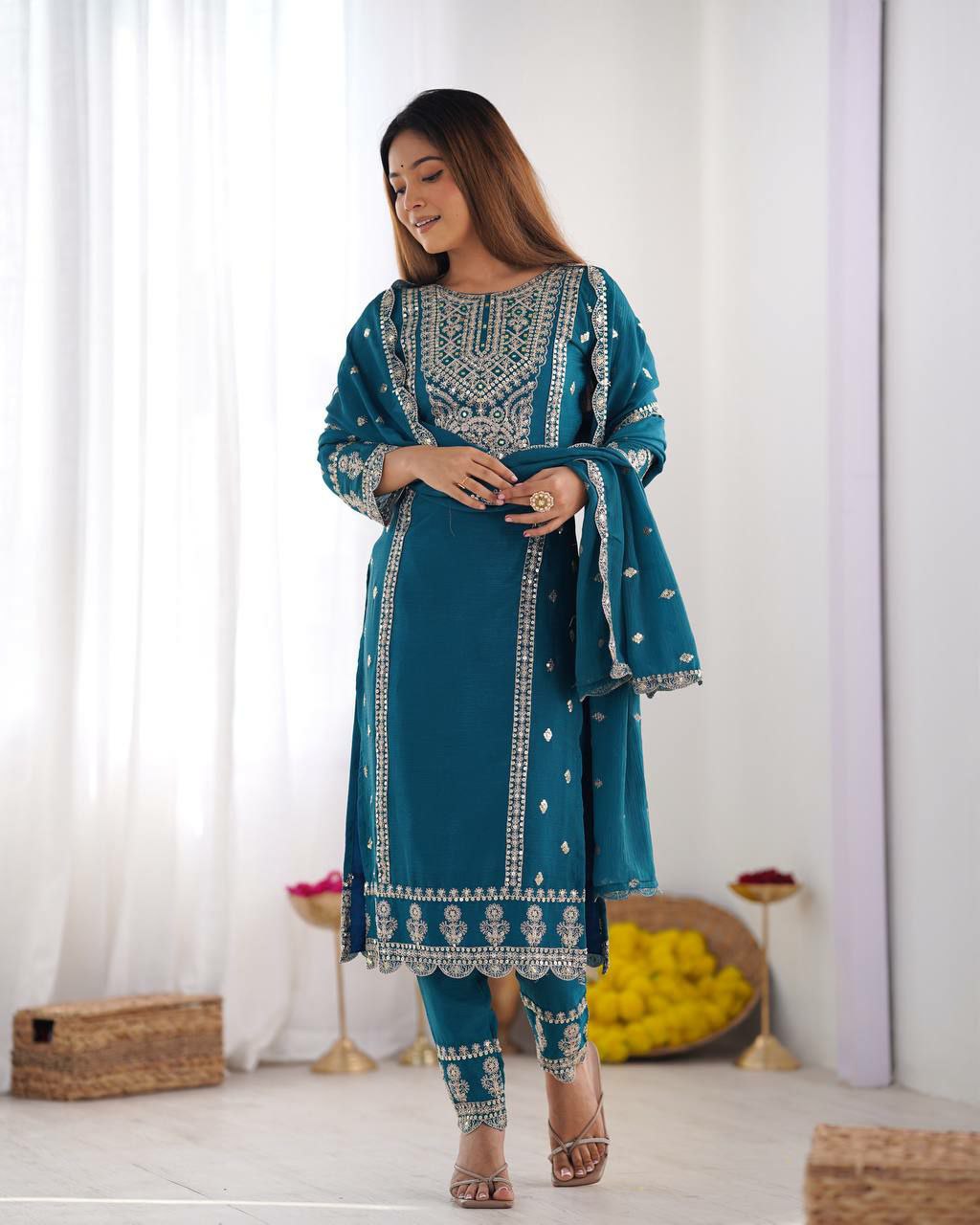 Prazu Fashion Turquoise Chinon Silk Embroidered Salwar Suit