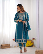 Thumbnail for Prazu Fashion Turquoise Chinon Silk Embroidered Salwar Suit
