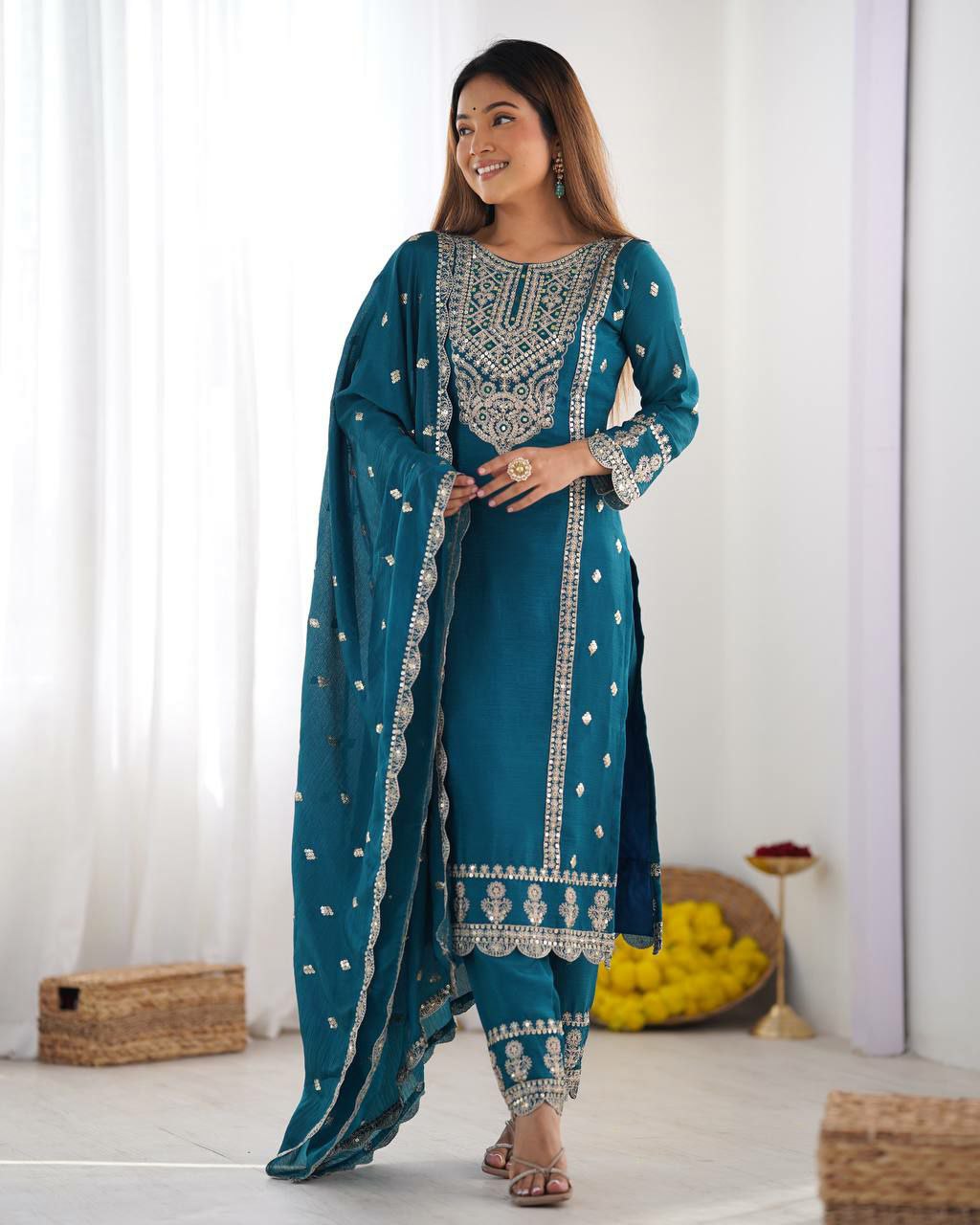 Prazu Fashion Turquoise Chinon Silk Embroidered Salwar Suit - Distacart