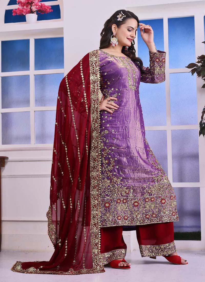 Prazu Fashion Lavender Silk Embroidered Plazzo Suit