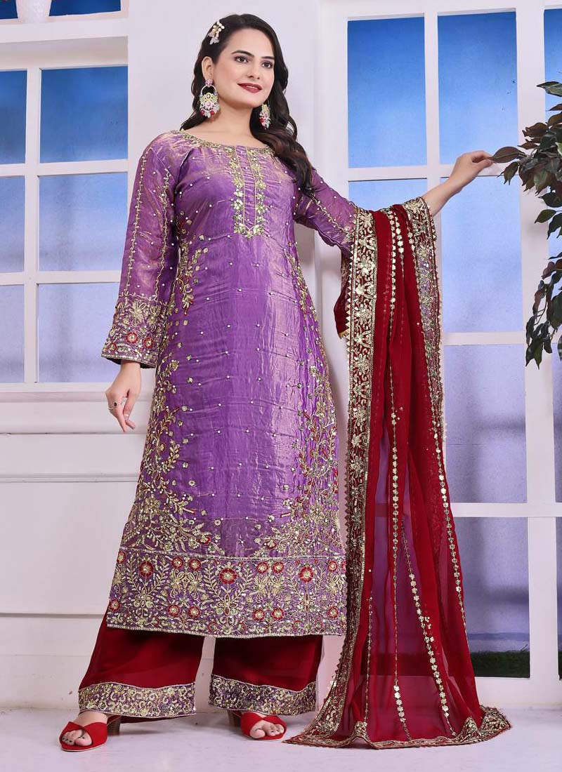 Prazu Fashion Lavender Silk Embroidered Plazzo Suit