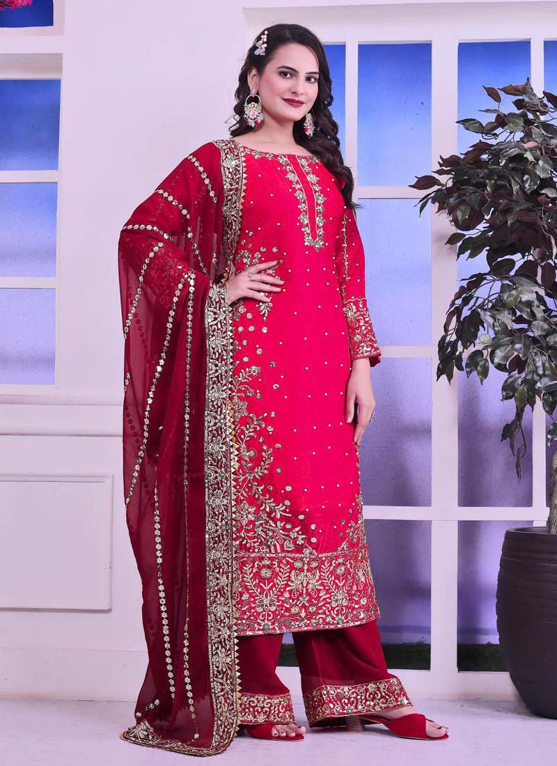 Prazu Fashion Red Silk Embroidered Palazzo Suit
