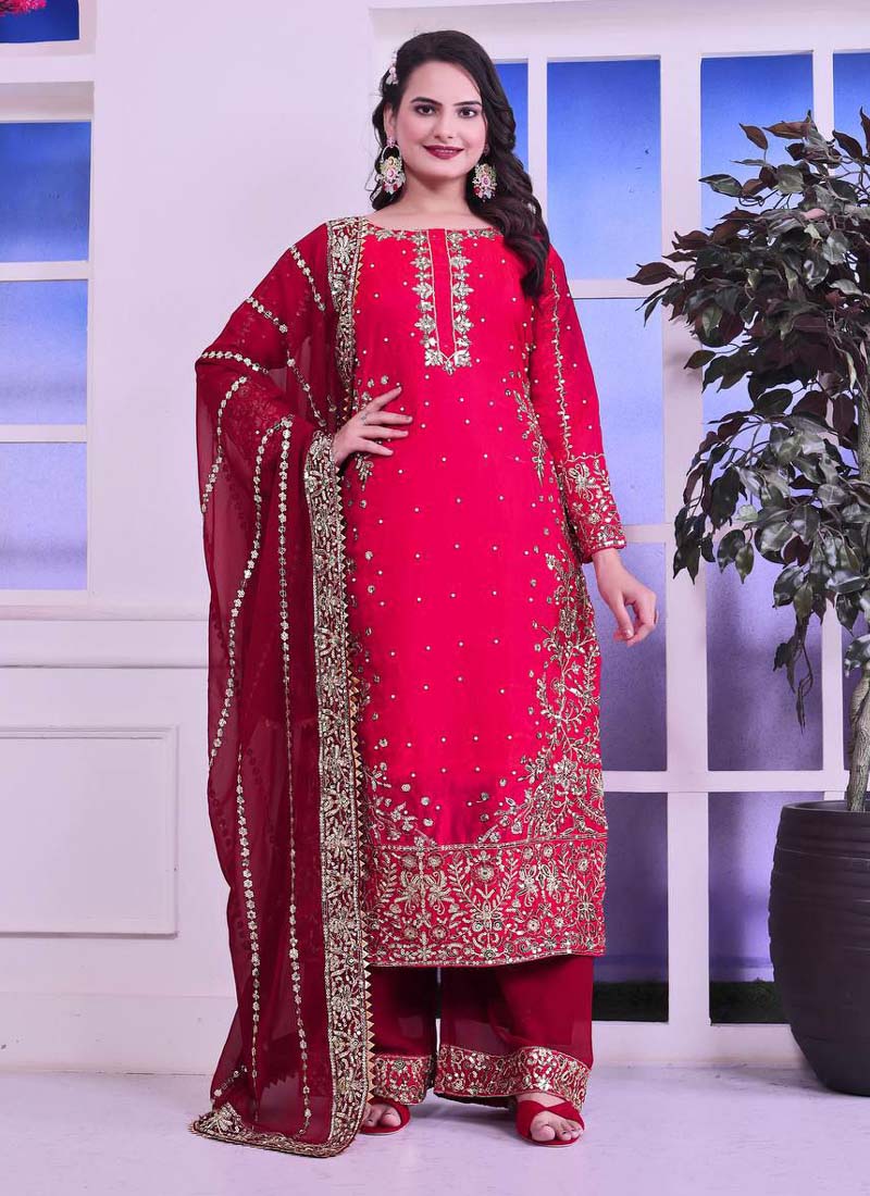 Prazu Fashion Red Silk Embroidered Palazzo Suit
