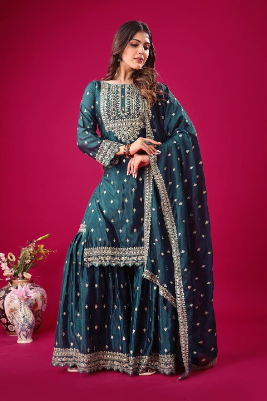 Prazu Fashion Blue Chinon Silk Embroidered Sharara Suit