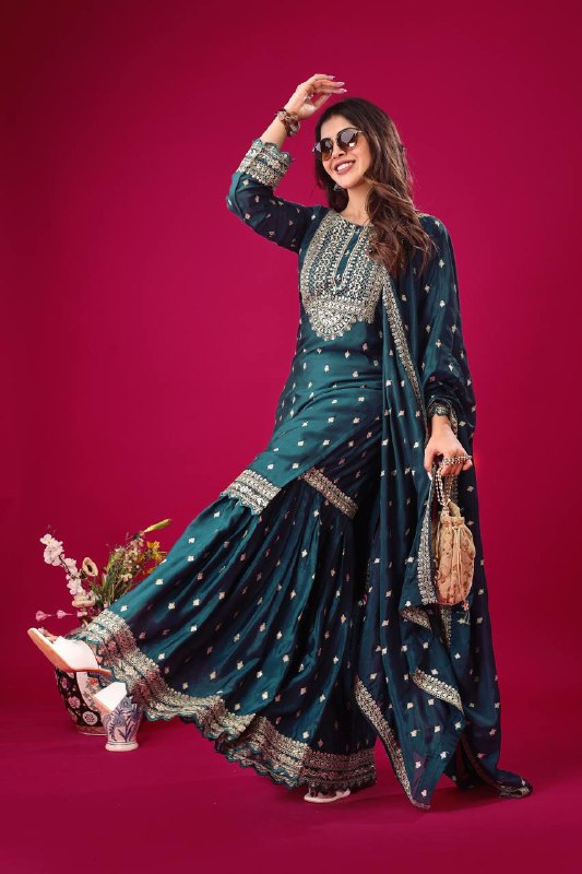 Prazu Fashion Blue Chinon Silk Embroidered Sharara Suit