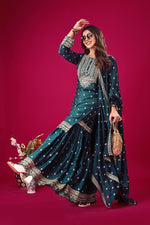 Thumbnail for Prazu Fashion Blue Chinon Silk Embroidered Sharara Suit