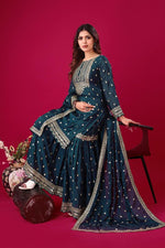 Thumbnail for Prazu Fashion Blue Chinon Silk Embroidered Sharara Suit