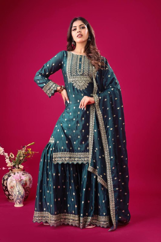 Prazu Fashion Blue Chinon Silk Embroidered Sharara Suit - Distacart