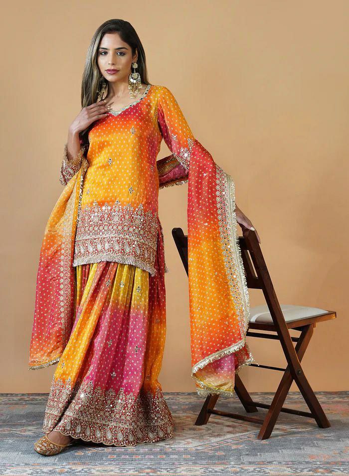 Prazu Fashion Yellow And Pink Chinon Silk Embroidered Palazzo Suit